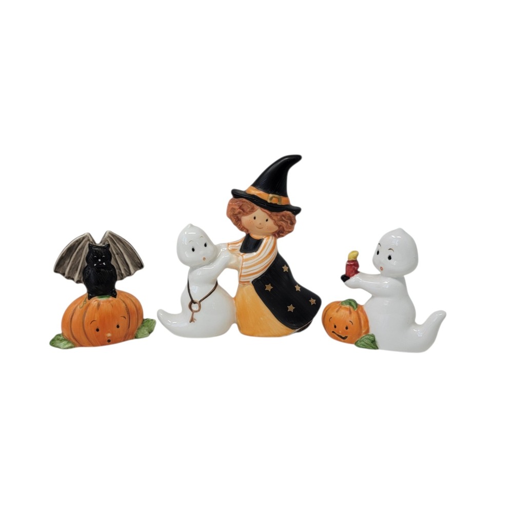 Goebel Halloween A Whiskery Witch Figurine Set 3pc Ghost Bat Pumpkin Whimsical